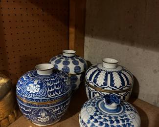 Assortment  Porcelain Chinoiserie Lidded Pots with Brass Rim