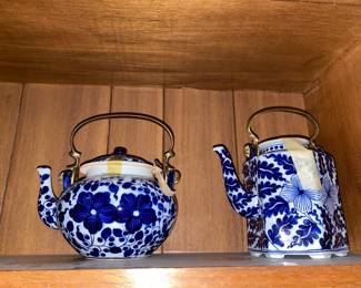 Blue/White Chinoiserie Round Teapot with Brass Handle, Blue/White Chinoiserie Square Teapot with Brass Handle