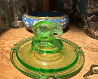 Green Uranium Glass Elephant Ashtray