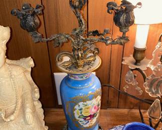 Blue/Multicolored Floral Design Lamp with Candelabra Top