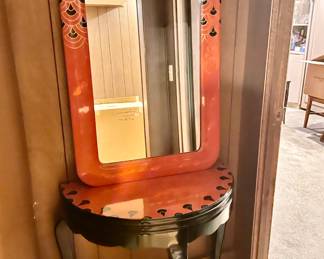 Orange/Black Lacquered Rounded Rectangle Mirror with Matching Demilune and Pedestal Table - Made in Macau 