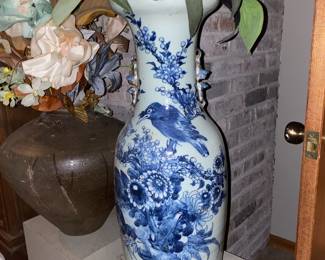 Delft Blue Celadon Porcelain Vase with Floral/Bird Design