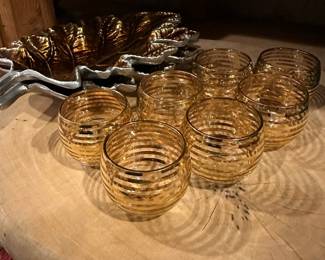 Set of 8 Mid Century Gold/Clear Striped Stemless Wine Glasses