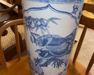 Blue & White Chinoiserie Umbrella Stand with Bird Design