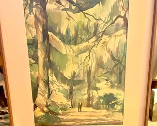 Framed & Matted Watercolor of Couple Walking Through Tree Lined Path - Signed by J. Wongsamguam