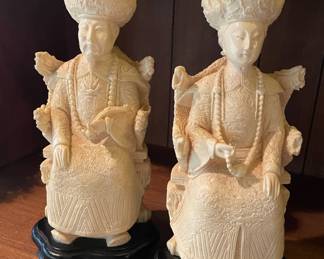 Chinese Hand Carved Resin Emperor & Empress Figurines with Wood Base