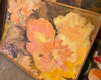 Pink, Yellow, Multicolored Floral Oil Painting on Canvas