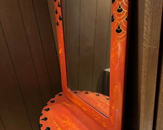 Orange/Black Lacquered Rounded Rectangle Mirror with Matching Demilune and Pedestal Table - Made in Macau 