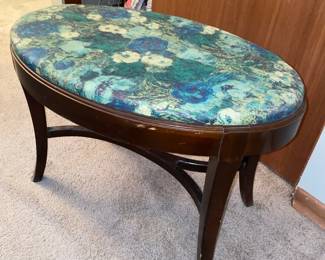 Mahogany Wood Oval Vanity Bench with Blue/White Floral Upholstery