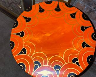 Orange/Black Lacquered Rounded Rectangle Mirror with Matching Demilune and Pedestal Table - Made in Macau 