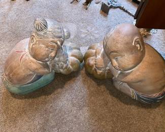 Pair of Asian Carved Wood Sculptures of Sleeping Good Luck Children 