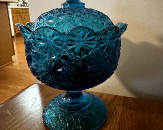 Vintage Teal Fenton Daisy and Button Compote