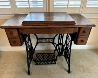 Antique Singer Treadle Sewing Machine in Tiger Oak Cabinet