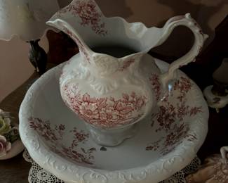 Red and White Vintage Pitcher and Basin