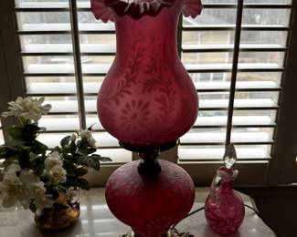 Pink Spanish Lace Glass Hurricane Lamp