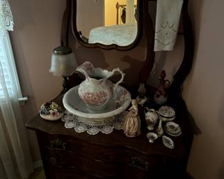 Vintage Oak Serpentine Dresser with Beveled Mirror and Towel Bar