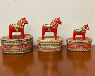 Lot 2921 Swedish Dala Horses Woven Storage Baskets