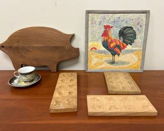 Lot 7462 Hand Carved Wooden Butter Molds Pig Cutting Board Mosiac Rooster Decor Japanese Dragon Teacup