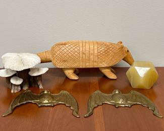 Lot 2919 Carved Armadillo Brass Bats Coral Mushrooms Paperweight