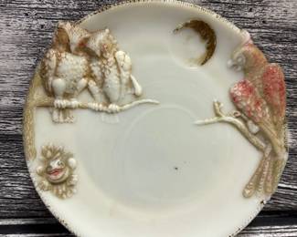 West moreland milkglass plate, owls, moon, cockatoo, flower