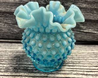 Blue opalescent hobnail vase