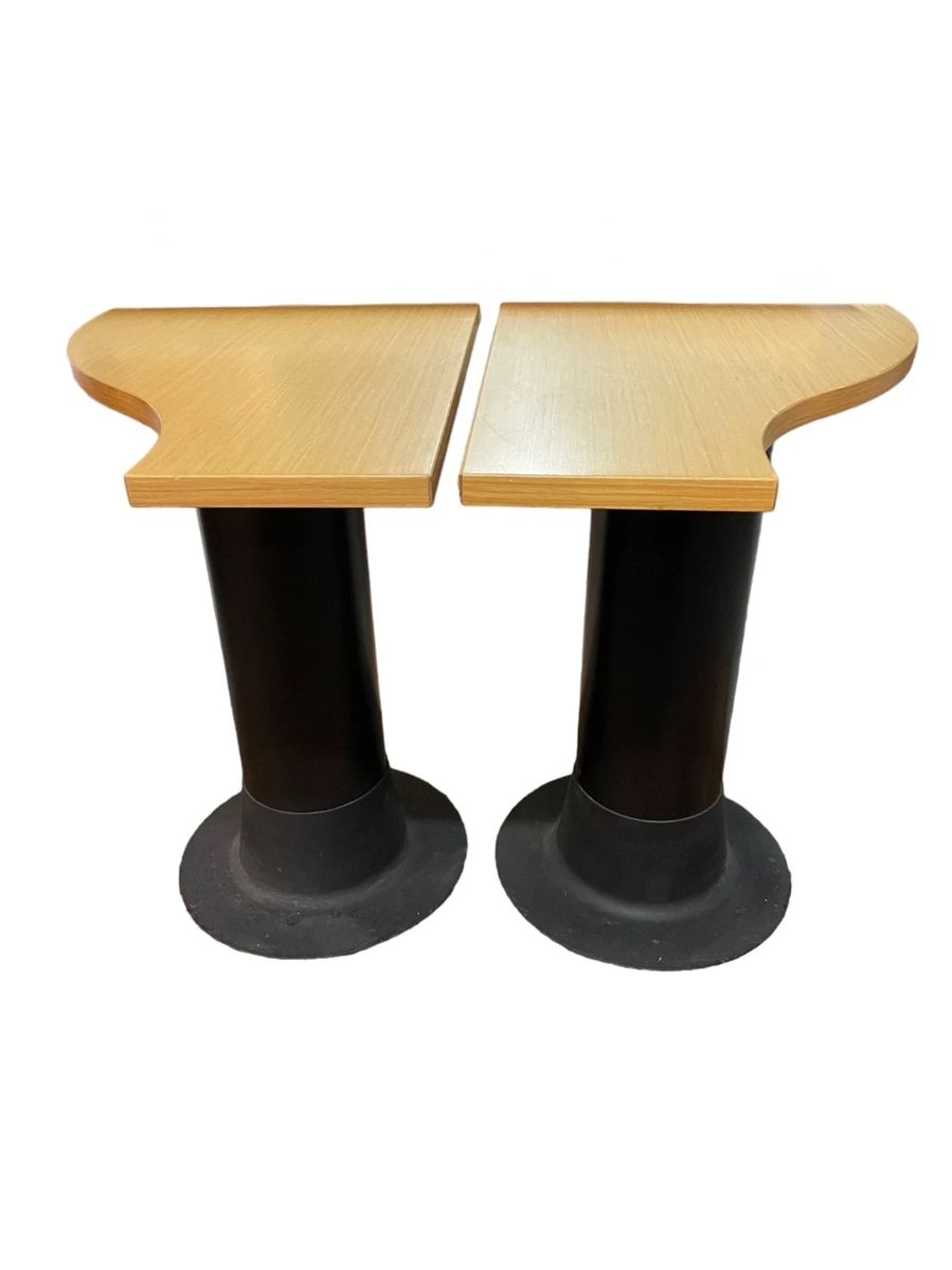 $2000 USD      Vintage Herman Miller Black Pedestal Base s-curve Console End Tables EK221-11     Handsome pair of vintage Herman Miller black pedestal base S-curve console or sofa tables. Beautiful condition, keeping in mind that these are vintage and not new so will have minor signs of use and wear. Circa, Late 20th Century.
Dimensions: 22 x 30 x 29"H (each)
Condition: Very good condition.
Local pick up Merrifield, VA.  Contact us for shipper suggestions.      https://goodbyhello.com/products/copy-of-4-gray-leather-crate-barrel-counter-stools-ek221-10?_pos=12&_sid=cb561db5b&_ss=r