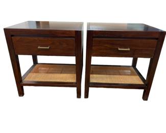 $800 USD     Pair Crate & Barrel Wood Dawson End Tables w Drawer & Wicker Shelf EK221-12     These handsome bedside companions echoes the trim, tailored lines of the Dawson collection with its richly grained mango wood veneer showcased in a rich clove brown finish. Naturally occurring knots and grain add character to each nightstand, a convenient bedside spot with a fixed lower wicker shelf and storage drawer with an antique-finished pull. 

Dimensions: 24 x 18.5 x 26"H

Condition: Very good condition.

Local pick up Merrifield, VA.  Contact us for shipper suggestions.      https://goodbyhello.com/products/copy-of-pair-herman-miller-mid-century-side-tables-ek221-11?_pos=11&_sid=cb561db5b&_ss=r