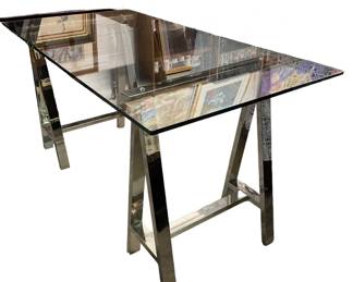 $1250 USD      Vintage Polished Chrome Sawhorse Base Glass Dining Table Desk EK221-13      1970s polished chrome sawhorse console table, A fine vintage example of an iconic form, the thick rounded edge glass top resting on two polished chrome table legs. The base can take a larger piece of glass can be used as a desk or dining room table. 

Dimensions: 56 x 28 x 30"H

Condition: Very good condition.

Local pick up Merrifield, VA.  Contact us for shipper suggestions.      https://goodbyhello.com/products/copy-of-pair-crate-barrel-wood-end-tables-ek221-12?_pos=5&_sid=cb561db5b&_ss=r