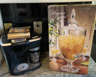 Keurig, almost new, with box and crystal decanter