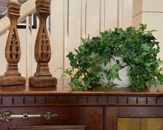wooden candlesticks and faux ivy