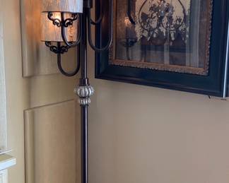 floor lamp, 2 matching framed art pieces