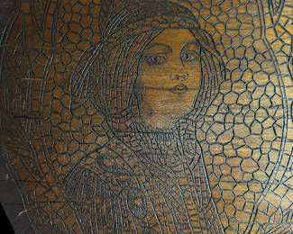 Flemish Art Co. NY Pyrography Plaque of a Native American Indian Maiden c1905