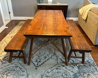 Antique ADIRONDACK Old Hickory Style Log Table with Split Log Benches