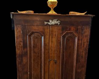 Antique Primitive Folk Art Two Chamfered Door Cabinet with Angel