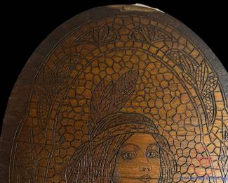 Flemish Art Co. NY Pyrography Plaque of a Native American Indian Maiden c1905