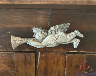 Antique Primitive Folk Art Two Chamfered Door Cabinet with Angel