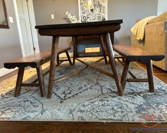 Antique ADIRONDACK Old Hickory Style Log Table with Split Log Benches