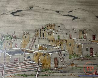 LARRY HILBURN Original Watercolor "Taos Pueblo" (1959)
