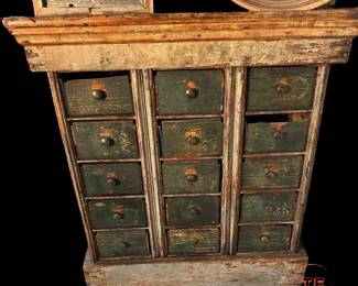 Antique Distressed Spice Cabinet with Reclaimed Cigar Box Drawers