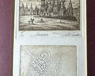 Antique Signed Limited Edition Etching and Embossing St. George the Dragon Slayer