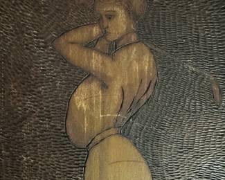 Antique Pyrography Plaque of Woman Golfing