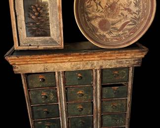 Antique Distressed Spice Cabinet with Reclaimed Cigar Box Drawers