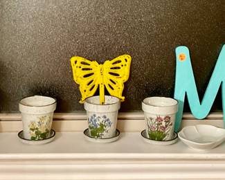 Swan towel holder, three planters pots, candle holder, and initial M