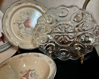 Vintage Marmalade Geese Platter and Serving Bowl & Crystal Egg Plate