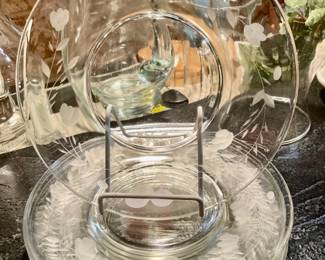6 Vintage Etched Glass Plates