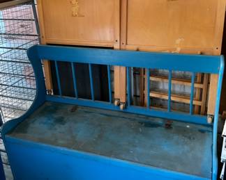 Vintage Light Wood Crib ( in background) & Vintage Wood (Blue) Toy Chest /Seat