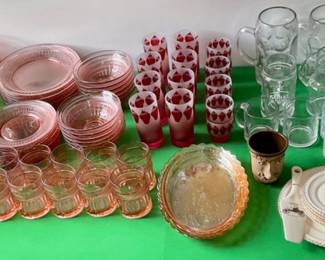 Vintage Glassware, Dining Set, Cake Serving Set, Tea Set, Sake Cups, Crystal Cream & Sugar, Carnival Glass Dishes, German Beer Mugs, Marvel Glasses & Pottery Face Mug