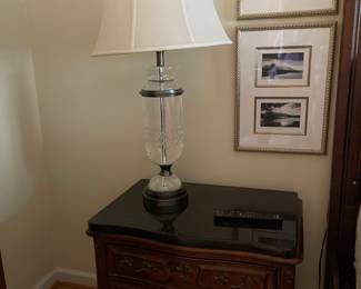 Beautiful cut glass lamps (pair) and Henredon nightstand
