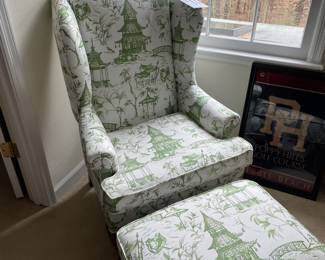 Custom chair and ottoman with cornice  board draperies to match. 