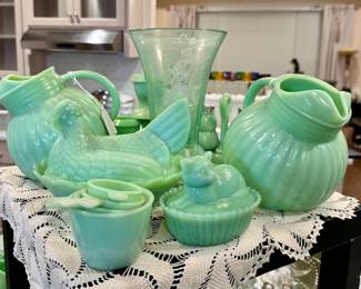 Etched Vintage Lg Vase in center…Uranium Glass